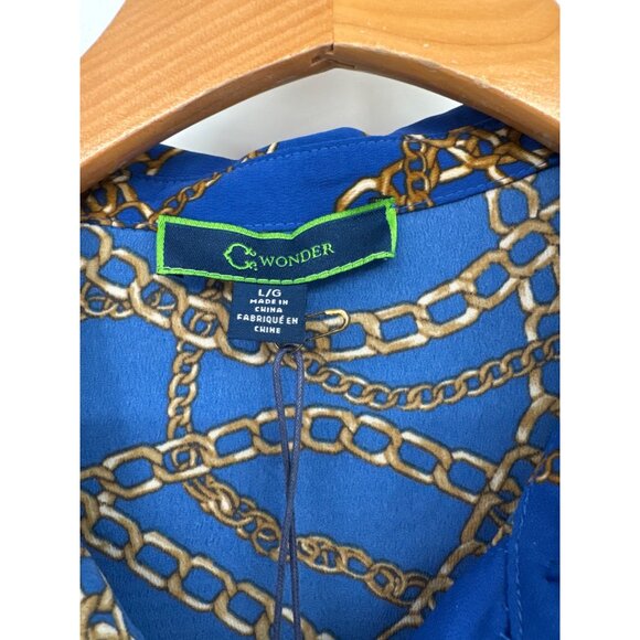 C. Wonder dress Blue Chain Print Long Sleeve tie belt shirtdress size large new - Picture 3 of 9